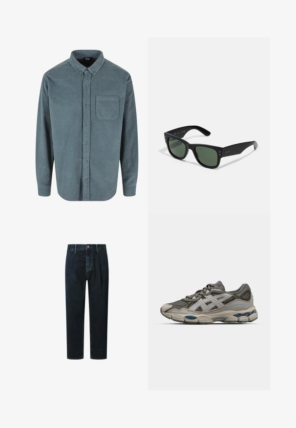 Teal corduroy overhemd met een knoopsluiting aan de kraag, een borstzak en lange mouwen, met een geribbelde textuur en blauwe knopen.; Witte katoenen tanktop met een ronde halslijn, brede schouderbanden en een rechte zoom, met een gladde textuur en zonder zichtbare patronen.; Donkerdenimbroek met een losse pasvorm, featuring een hoge taille, plooien, een sluiting met een knoop aan de voorkant en gouden contrasterende stiksels.; Grijze en beige sport schoen met mesh panelen, gestippeld textuur en zilveren accenten. Heeft een gevoerde zool en vetersluiting.; Zwarte rechthoekige zonnebril met groene lenzen, matte afwerking, subtiele hardwareaccenten en een gegraveerd logo op de slaap.