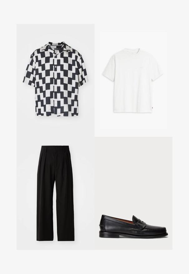 Maglietta a maniche corte con motivo geometrico bianco e nero, realizzata in un tessuto morbido con colletto a campana e chiusura a bottoni.; T-shirt bianca in cotone con maniche corte, colletto tondo e logo Levi's discreto stampato al centro. Texture morbida e vestibilità standard.; Pantaloni neri a gamba larga con una superficie liscia, dotati di due pinces frontali, chiusura con bottone e tasche laterali. Tessuto resistente.; Mocassino in pelle nera con punta arrotondata, dettagli cuciti e una fascia decorativa sul davanti. Suola piatta con profilo minimal.