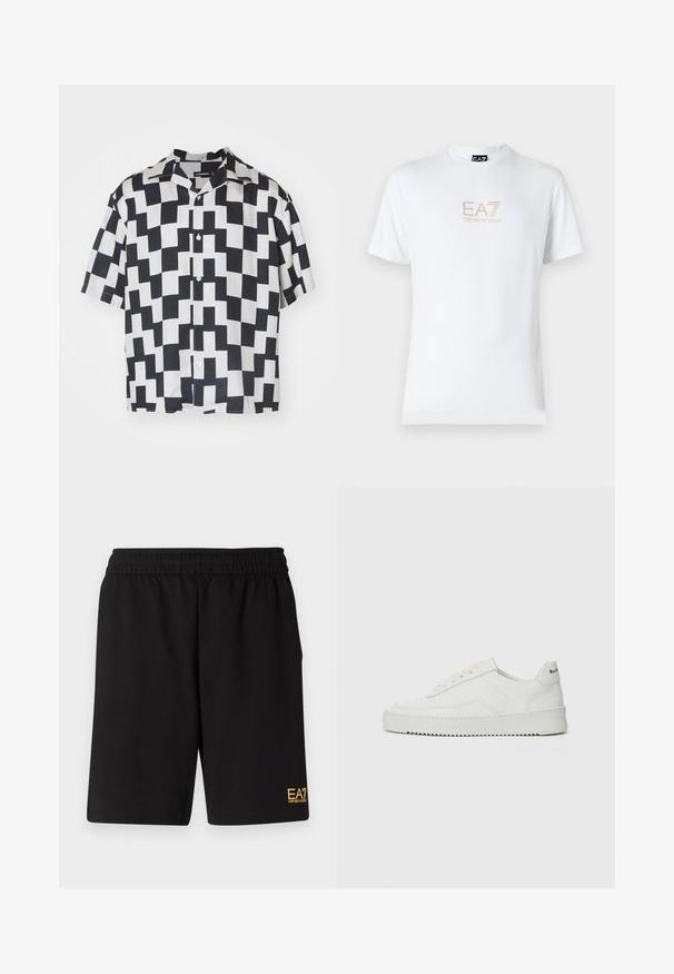 Kurze Ärmel Hemd mit einem geometrischen Schwarz-Weiß-Muster, hergestellt aus einem glatten Stoff mit Camp-Kragen und Knopfleiste.; Weißes Baumwoll-T-Shirt mit Rundhalsausschnitt und kurzen Ärmeln, mit einem goldenen EA7 Emporio Armani-Logo auf der Vorderseite.; Schwarze Sportshorts aus weichem Material, mit einem elastischen Bund und einem kleinen gelben EA7-Logo am unteren linken Bein.; Weiße Ledersneaker mit glatter Oberfläche, runder Zehenpartie, flachen Schnürsenkeln und strukturiertem Sohlenprofil. Mit einem dezenten Logo an der Ferse.