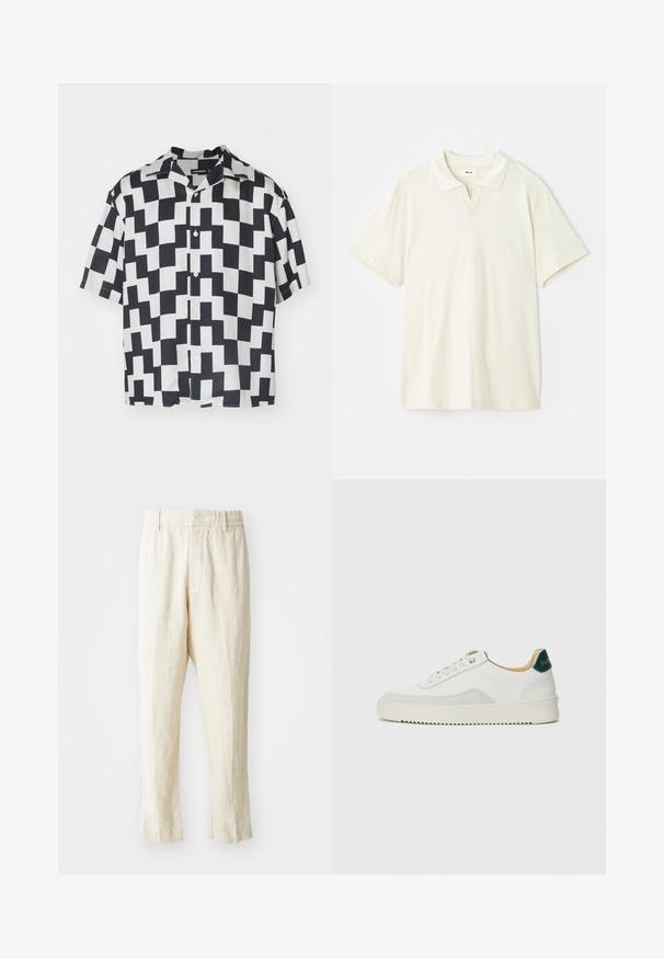 Short-sleeve shirt featuring a geometric black and white pattern, made of a smooth fabric with a camp collar and button front.; Cream-colored polo shirt with a classic collar, short sleeves, and a slight v-split at the neckline. Smooth texture and minimal design.; Beige linen trousers with a loose fit, tapered legs, and a flat front. Features an elastic waistband for comfort and minimal seam detailing.; White sneaker with suede accents, rounded toe, flat laces, and a cream rubber sole. Features green branding on the heel.