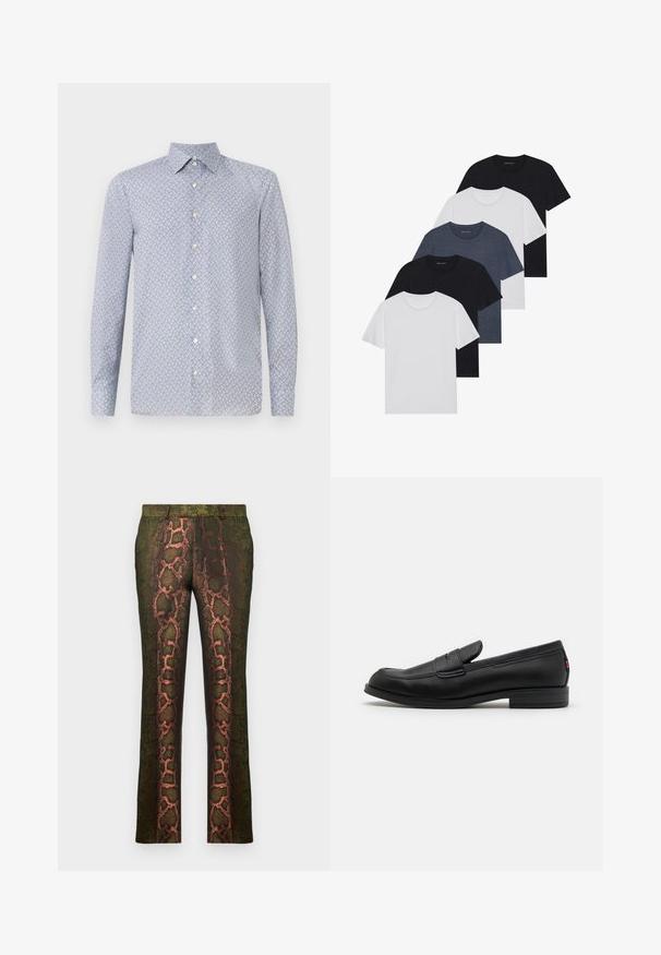 Camicia button-up azzurro chiaro con un pattern geometrico in rosso e blu navy. Presenta un colletto a punta e maniche lunghe. Realizzata in un tessuto liscio.; Set di cinque t-shirt in nero, bianco e blu navy. Tessuto di cotone, maniche corte, design a collo rotondo e texture semplice senza motivi.; Pantaloni verdi a fantasia con motivo a pelle di serpente in tonalità di marrone e arancione, taglio dritto e texture liscia.; Mocassini in pelle nera con finitura liscia, punta arrotondata e una piccola pattina decorativa. Presentano un tacco basso e impilato e un sottile dettaglio di branding.