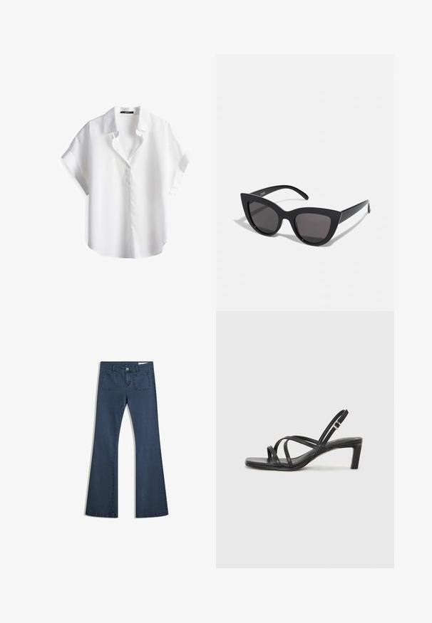 Weißes Kurzarmhemd aus weichem Baumwollstoff, mit Umlegekragen und lässiger Passform. Verfügt über eine durchgehende Knopfleiste und einen abgerundeten Saum.; Dunkelblaue, ausgestellte Jeans aus Denim mit genähten Taschen, einem Knopfverschluss und einer glatten Textur. Mit einem klassischen Fünf-Taschen-Design.; Schwarze Sandale mit Riemchen, quadratischer Zehenform und niedrigem Blockabsatz. Verfügt über mehrere dünne Riemen und einen verstellbaren Knöchelriemen. Hergestellt aus glattem Leder.; Schwarze Cat-Eye-Sonnenbrille mit matter Oberfläche, grauen getönten Gläsern, scharfen Kanten und schlanken Bügeln. Der Markenname ist auf dem inneren Bügel sichtbar.; Schwarze Leder-Umhängetasche in Halbmondform, mit strukturiertem Oberflächen, goldfarbenem Reißverschluss und flachem Trageriemen. Kompakte Ausführung, die für die wichtigsten Dinge geeignet ist.