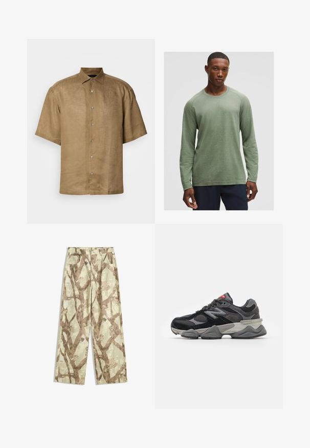 Rövid ujjú, gombos ing világosbarna vászon anyagból, textúrázott felülettel, standard gallérral és hat gombbal az elülső részén.; Hosszú ujjú, tompa zöld ing, texturált mintával, kerek nyakkivágással és raglánujjakkal, puha, könnyű anyagból készült.; Könnyű anyagból készült, világos zöld árnyalatú nadrág, amely barna faág mintázattal, széles lábakkal és két elülső zsebbel rendelkezik.; Fekete és szürke sportcipő, amely velúr és hálós anyagok keverékéből készült, vastag talppal, hangsúlyos logóval és piros akcentussal a nyelvén.