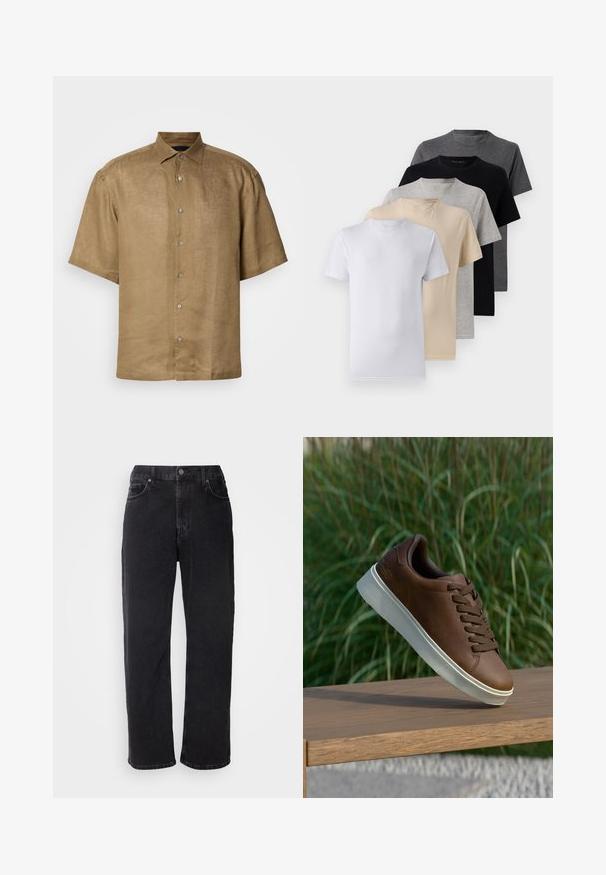 Kortermet skjorte med knapper i lys brun lin med strukturert finish, med standard krage og seks knapper foran.; Sett med fem kortermede t-skjorter i hvit, beige, lys grå, mørk grå og svart. Laget av glatt bomull, med rund hals design.; Svarte denimjeans med rett snitt, fem lommer og kontraststing. Har en knappelukking og belteslingene på livlinjen.; Brune lærersneaker med hvit gummisåle, rund tå og brune lisser. Teksturert grep på sålen og glatt overflate på overdelen.