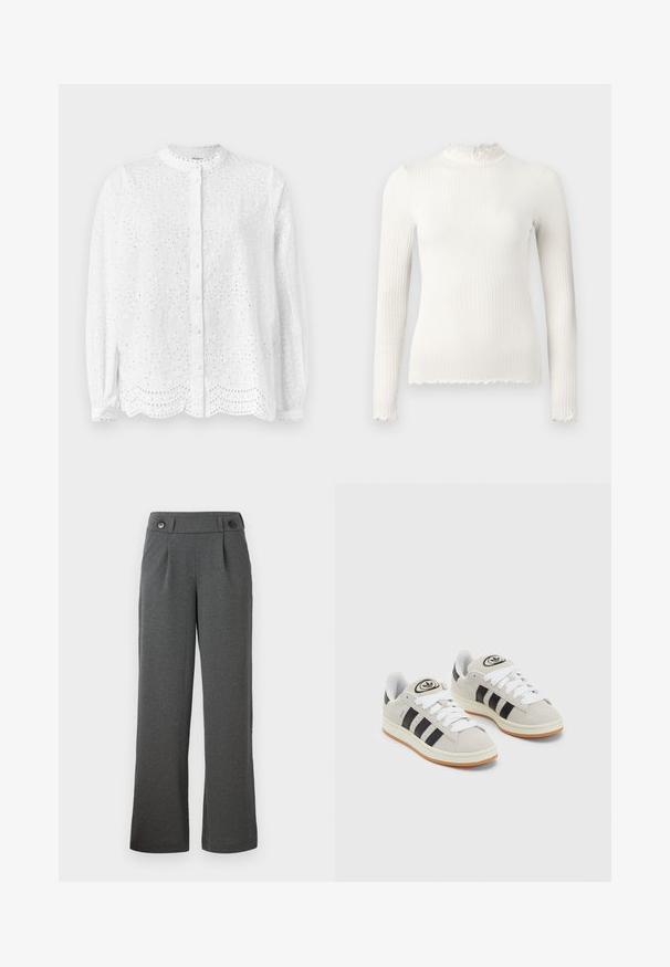 Valge pluus ümmarguse kaeluse, pikkade varrukate ja nööpidega kinnitusega; sisaldab tikitud lõikeid ja lainelist äärist.; Pikkade varrukatega valge ribikleidi turtleneck pluus rüüpas kraega ja frayed äärise detailidega. Sile tekstuur, keha kohandav disain.; Hallide läikivad püksid, mis on valmistatud tekstuuriga kangast, kõrge vöökoht, esipliidid ja kaks nööpi vööl.; Hallid hallid nahkrennid valgete paeltega, mustade triipudega ja valge kummitaldiga. Omab ümmargust logo keeles ja kummitalda.