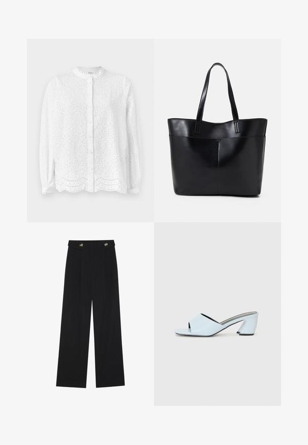 White blouse with a rounded neckline, long sleeves, and button closure; features embroidered cutouts and a scalloped hem.; Black wide-leg trousers with high waist, button details on waistband, and front pleats.; Light blue open-toe heeled mules with a geometric design, featuring a wide strap across the foot and a chunky, angular heel.; Black leather tote bag with two long handles, a smooth texture, and a structured shape. Features a front pocket for additional storage.