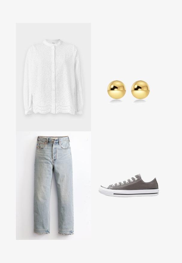 Biała bluzka z okrągłym dekoltem, długimi rękawami i zapięciem na guziki; posiada haftowane wycięcia i falbaniasty dół.; Jasnoniebieskie dżinsy z prostymi nogawkami, z postrzępionym dołem, miedzianymi nitami i klasycznym stylem pięciu kieszeni.; Szare płócienne trampki z białą gumową podeszwą, czarnym paskiem i metalowymi oczkami. Charakteryzują się okrągłym noskiem, niskim fasonem oraz teksturowanym materiałem.; Złote, sferyczne kolczyki o błyszczącej, refleksyjnej powierzchni. Ich design jest prosty i gładki, co tworzy nowoczesny, minimalistyczny wygląd.