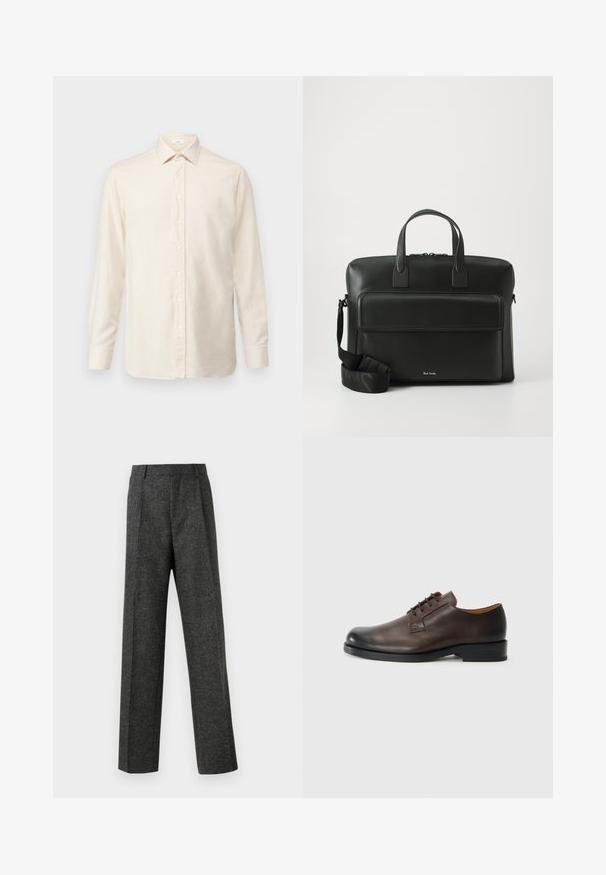 Světle béžová košile s dlouhým rukávem vyrobená z měkké látky, s předním zapínáním na knoflíky, klasickým límcem a manžetami na knoflíky.; Šedé kalhoty na míru vyrobené z texturované tkaniny, s dvěma předními záhyby a rovnými nohavicemi. Bez viditelných kapes nebo ozdob.; Hnědá kožená bota s kulatou špičkou, nízkým podpatkem, šněrovacím designem a hladkým povrchem. Má minimální švy a leštěný povrch.; Černá kožená aktovka s dvojitými horními držadly, přední kapsou a odnímatelným popruhem, s jemným brandingem ve spodní části.