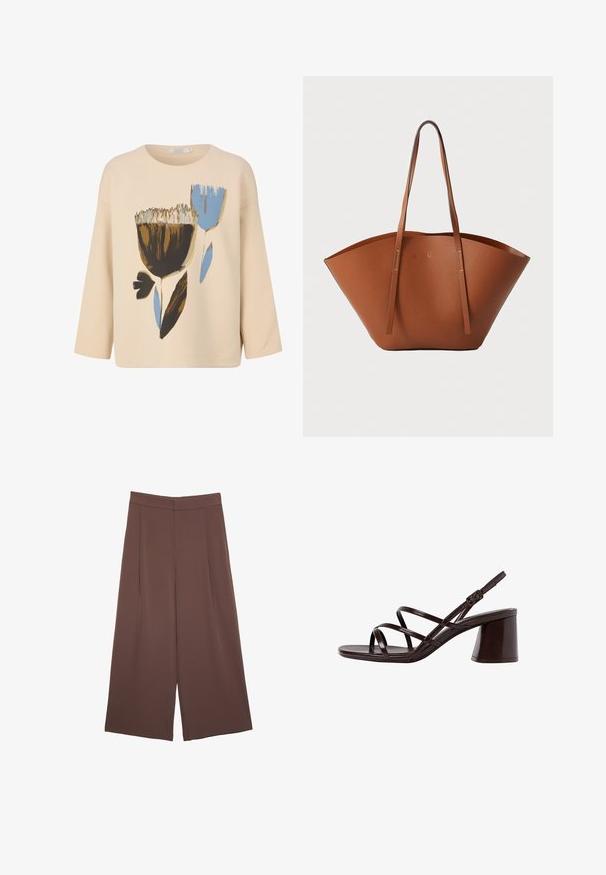Beżowa bawełniana bluzka z rękawami 3/4, ozdobiona kwiecistym wzorem w brązowym, niebieskim i czarnym kolorze. Okrągły dekolt i luźny krój.; Brązowe spodnie o szerokich nogawkach z gładką fakturą, z wysokim stanem i plisami z przodu. Materiał jest lekki i luźno opada.; Brązowe sandały na wysokim obcasie z grubym obcasem, z gładkim, błyszczącym wykończeniem i wieloma krzyżującymi się paskami na cholewce.; Brązowa skórzana torba tote o szerokim, usztywnionym kształcie, cienkich uchwytach i teksturowanym wykończeniu. Charakteryzuje się minimalistycznym designem bez widocznych elementów metalowych.