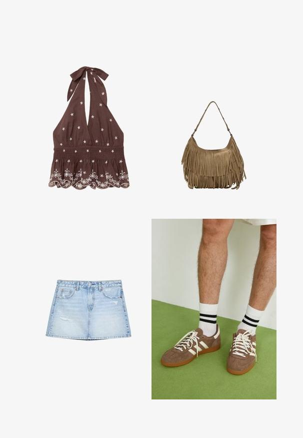 Braune Haltertop aus Stoff, mit weißer Blumenstickerei und gerüschtem Taillenbund, gewelltem Saum und Bindeschnur am Hals.; Helles, blaugraues Denim-Rock mit geradem Schnitt, Fronttaschen und distressed Details. Abgeschlossen mit einem Knopf- und Reißverschluss.; Braune Wildleder-Sneaker mit weißen Akzenten und Schnürsenkeln. Gummisohle in Kautschuk-Optik. Getragen mit weißen Socken, die schwarze Streifen haben. Grüner strukturierter Fußboden.; Braune Wildleder-Handtasche mit langen Fransen, einer geschwungenen Form und einem einzelnen Schultergurt. Verfügt über eine glatte, strukturierte Oberfläche.