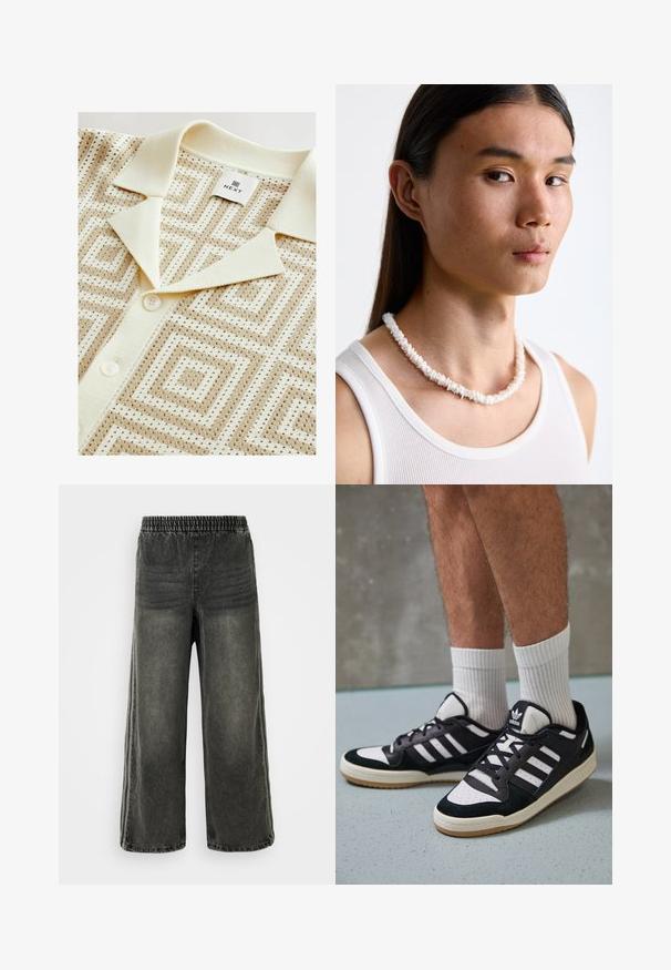 Next REGULAR FIT - SHORT SLEEVE GEOMETRIC PATTERN WITH CUBAN COLLAR
- Marškiniai - neutral; Juodos skalbimo džinsinės kelnės su elastine juostos ir plačiomis kojomis, su subtiliais vertikaliais siūlų aksesuarais šonuose.; Juodos ir baltos sportinės bateliai su zomšiniu ir odiniu viršumi, su trimis baltomis juostelėmis, perforuota koja ir guminėmis padais.; Baltos kriauklės vėrinys, sudarytas iš netaisyklingų formų, nešiojamas virš prigludusio balto maikės. Lygus paviršius su subtiliu blizgesiu, artimai prigludusi konstrukcija.