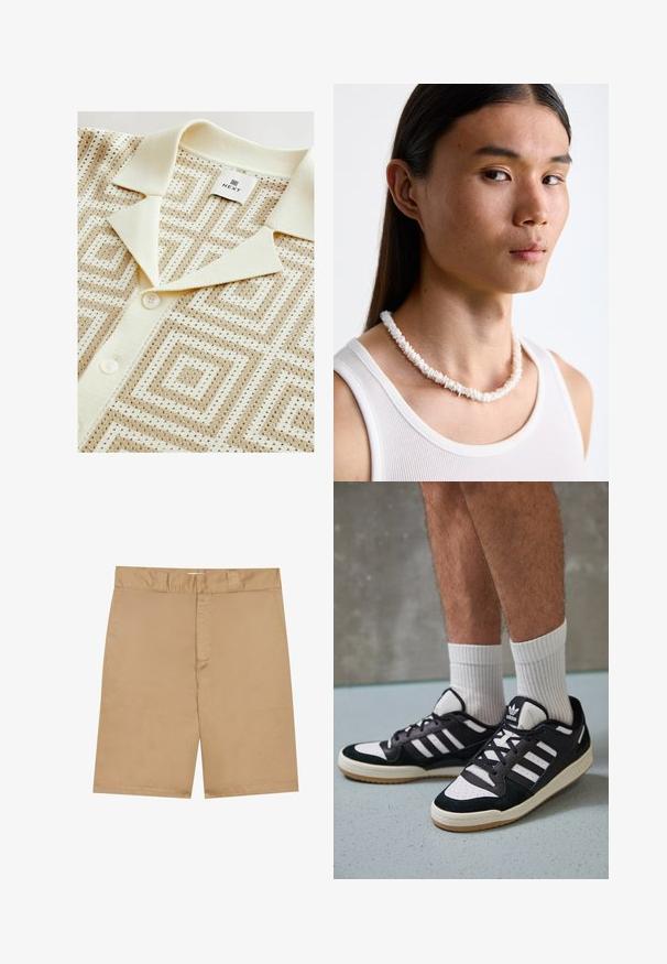 Next REGULAR FIT - SHORT SLEEVE GEOMETRIC PATTERN WITH CUBAN COLLAR
- Hemd - neutral; Khaki-Shorts mit flachem Bund, Reißverschluss vorne und seitlichen Taschen; aus einem glatten, leichten Stoff mit einer dezenten Textur hergestellt.; Schwarz-weiße Sneaker mit einem Obermaterial aus Wildleder und Leder, ausgestattet mit drei weißen Streifen, einer perforierten Zehenpartie und einer Sohle aus Gummi.; Weißes Muschelkette, die aus unregelmäßigen Formen besteht, getragen über einem enganliegenden weißen Tanktop. Glatte Textur mit subtiler Schattierung, körpernahe Passform.