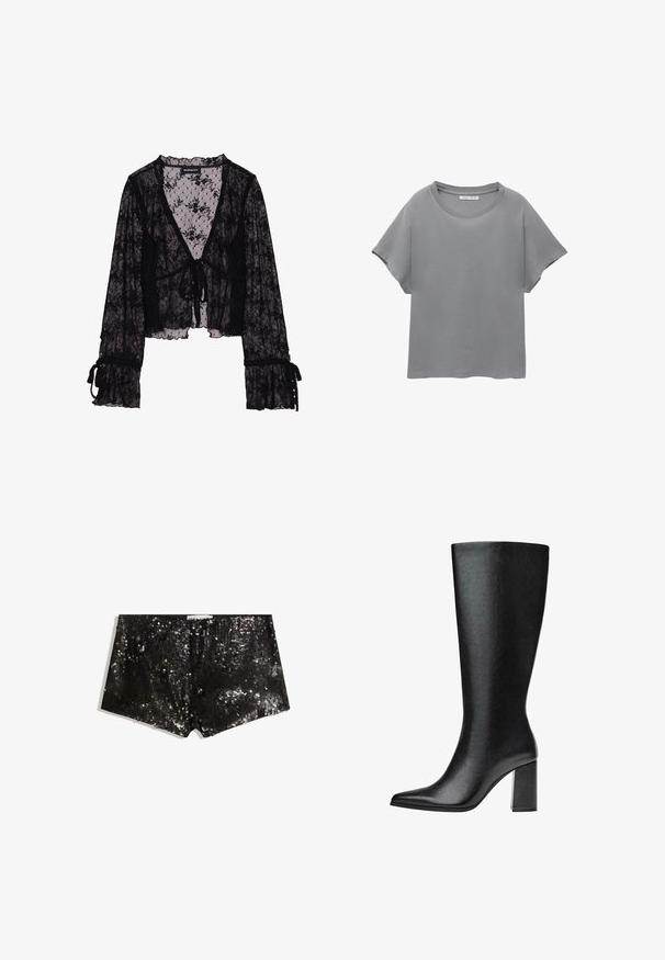 Czarna koronkowa bluzka z kwiatowym wzorem, przezroczysta tkanina, dekolt w kształcie litery V, zapięcie na sznurek z przodu oraz falbany na szerokich rękawach z dodatkowymi akcentami w postaci sznureczków.; PULL&BEAR - T-shirt z nadrukiem; Czarne szorty z cekinami o dopasowanym kroju. Charakteryzują się błyszczącymi cekinami, gładką fakturą oraz elastycznym pasem dla wygodnego dopasowania.; Czarne, sięgające kolan botki wykonane z sztucznej skóry, o spiczastym nosku, gładkiej fakturze i masywnym obcasie. Minimalistyczny design bez widocznych akcentów.