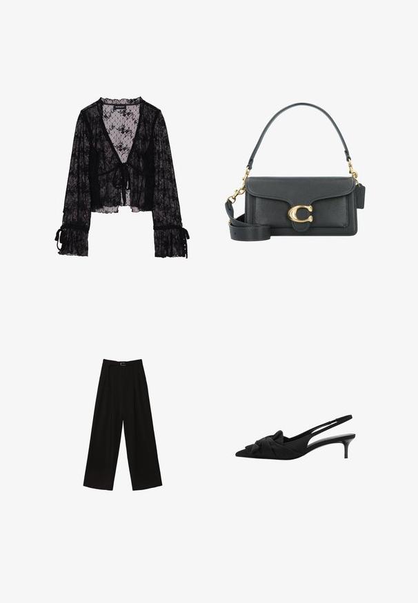 Musta pitsipaita, jossa on kukkakuosi, läpikuultava kangas, V-kaulus, solmittava etusulku ja röyhelöpäät, joissa on solmukoristeet.; Mustat leveälahkeiset housut, joissa on korkea vyötärö, vyö vyötäröllä ja poimutuksia tekstuuria varten. Valmistettu tasaisesta, kevyestä kankaasta.; Musta slingback-kengät, joissa on kärjellinen siluetti, nauhat yksityiskohtana vampissa, teksturoitu kangas ja hoikka 3-tuumainen kiiltävä korko.; Mustapahalla varustettu käsilaukku, jossa on kultaiset yksityiskohdat, allekirjoitusklipsi, irrotettava olkahihna ja teksturoitu pinta.