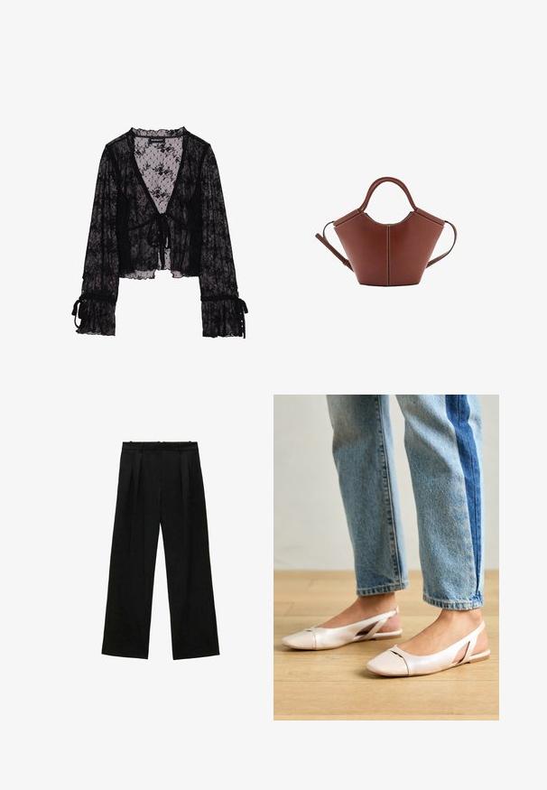 Black lace blouse with floral pattern, sheer fabric, V-neck, tie front closure, and ruffled bell sleeves with tie accents.; Black wide-leg trousers with pleats, featuring a smooth texture and a high waist design. Minimalist style, no visible hardware or embellishments.; Pale pink slingback flats with a pointed toe, made from a smooth leather-like material. Features cut-out details at the sides and a flat heel.; Brown leather handbag with a conical shape, sturdy handles, and contrasting white stitching. Features a detachable shoulder strap for versatility.