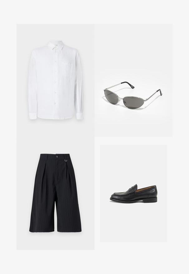 Bela lanena srajca z dolgimi rokavi, gumbastim zapenjanjem in žepom na prsih. Mehka tekstura in sproščen kroj. Primerna za sproščeno nošenje.; Bela bombažna majica brez rokavov z okroglo izrezom, širokimi naramnicami in ravnim robom, ki se ponaša z gladko teksturo in brez vidnih vzorcev.; Črne kratke hlače s črtami, z naborki, gumbom za zapiranje in kovinskim obročkom kot dodatkom. Gladka tkanina s krojem, ki se prilega in dolžino do kolen.; Črne usnjene loafers cipele z gladko površino, zaobljenim nosom in dekorativnim šivom na vampu. Nizek zloženi peti in rahla sijaj.; Sončna očala z elegantnim srebrnim kovinskim okvirjem, sivi zasenčeni leči in aerodinamičnim oblikovanjem, ki vključuje ostri robovi in tanke ročke.