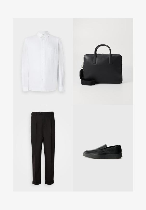 Valkoinen pellavapaita pitkillä hihoilla, napitus etupuolella ja rintatasku. Pehmeä rakenne ja rento istuvuus. Sopii epämuodolliseen käyttöön.; Mustat housut, joissa on sileä pinta, suora leikkaus, kaksi etutaskua ja yksittäinen nappikiinnitys vyötäröllä.; Calvin Klein HYBRID CUP - Loaferit/pistokkaat - triple black; Musta nahkainen salkku tekstuuripinnalla, kaksinkertaisilla kahvoilla, irrotettavalla olkahihnalla ja etupuolella logo-yksityiskohta. Vetoketjukiinnitys.