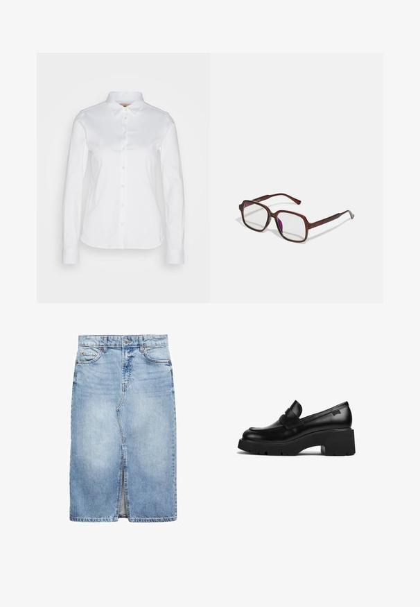Camicia bianca a maniche lunghe con collo alla francese, realizzata in un morbido cotone e con orlo arrotondato. Il tessuto ha una leggera lucentezza.; Gonna di jeans blu chiaro, lunghezza al ginocchio con fessura frontale. Presenta cinque passanti per cintura, due tasche anteriori e chiusura con bottone metallico.; Mocassino in pelle nera con tacco chunky, suola spessa e un dettaglio a strap nella parte superiore, mostrato di lato su uno sfondo bianco.; Occhiali rettangolari marroni con lenti trasparenti e tonalità viola. Montatura in plastica liscia con stanghette dritte e accenti sottili.
