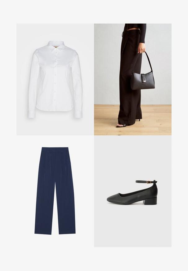 Bijela košulja s dugim rukavima i kragnom, izrađena od glatkog pamuka s zaobljenim rubom. Tkanina ima blagi sjaj.; Tamno plave hlače širokih nogavica, izrađene od mekog materijala, s prednjim nabora, glatke teksture i ravnog kroja bez vidljivih džepova.; Crne kožne pumpe s oštrim vrhom i niskom blok petom. Sadrže remen oko gležnja s zlatnim kopčanjem. Glatka tekstura.; Crna torba s oblikom koji sadrži strukturu, glađu teksturu i metalnu kopču. Uparena s širokim crnim hlačama i sandalama na otvorenom s drvenog poda.