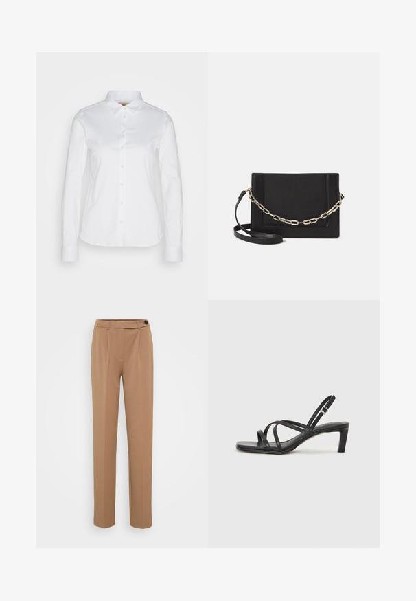 Bijela košulja s dugim rukavima i kragnom, izrađena od glatkog pamuka s zaobljenim rubom. Tkanina ima blagi sjaj.; Smeđe krojene hlače ravnog kroja, s jednim kopčanjem i naboranim prednjim dijelom. Glatka tekstura, minimalistički stil.; Crne sandale s trakama, kvadratnim prstom i niskom blok petom. Ima više tankih trakica i podesivu trakicu oko gležnja. Izrađene su od glatke kože.; Crna kožna torba preko tijela s glatkom teksturom, pravokutnim oblikom i metalnim lancem na prednjoj strani. Uključena je podesiva naramenica.