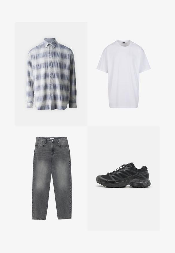 Mėlynos ir baltos spalvų tekstūruoto audinio marškiniai su juostele, su ilgomis rankovėmis ir klasikinio modeliavimo apykakle.; Balta medvilninė marškinėlių užsagėlė su trumpomis rankovėmis, apvaliu kaklu, laisva forma ir be matomų logotipų ar raštų. Lygi tekstūra ir minimalus dizainas.; Aukštai juosmeniu, laisvai krentančios džinsai iš blukusių juodų džinsų. Savybės: penki kišenės, diržo kilpos ir švari, tiesi kojų dizainas.; Juodas bėgimo batelis su tinkliniu ir sintetinėmis viršutinėmis dalimis, lanksčia pado dalimi ir elastingomis raištelėmis. Yra pagalvota vidurio dalis, užtikrinanti komfortą.