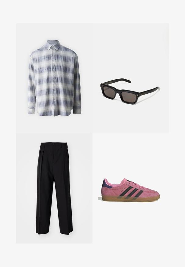 Camicia button-up realizzata in tessuto strutturato blu e bianco con un motivo a righe, dotata di maniche lunghe e colletto classico.; T-shirt bianca a maniche lunghe realizzata in morbido cotone. Collo a girocollo con orli dritti e senza motivi o grafiche visibili.; Pantaloni neri a pieghe con un design dritto e gamba larga. Realizzati in tessuto morbido, con chiusura a bottone e passanti per cintura.; Sneaker in suede rosa con strisce nere, suola in gomma e tallone texturizzato viola. Presenta un design con lacci e un marchio in rilievo sul lato.; Occhiali da sole neri rettangolari con lenti scure, montatura spessa in plastica, dettagli dorati sulle tempie e logo del marchio inciso sull'asta.