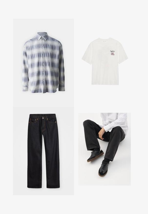 Košulja sa dugim rukavima napravljena od teksturirane tkanine u plavoj i bijeloj boji s prugastim uzorkom, koja ima klasičan ovratnik.; Bijela pamučna majica kratkih rukava s okruglim izrezom, s izvezenim cvjetnim uzorkom u ružičastoj i crnoj boji na lijevoj strani prsa.; Muške traperice ravnog kroja, crne boje, s pet džepova i narančastim šavovima, sa zatvaranjem na dugme i patentni zatvarač na prednjem dijelu struka.; Crne tenisice s glatkim i teksturiranim gornjim dijelom, koje imaju gumeni potplat i tamne vezice. Uparene s crnim trapericama i bijelom košuljom s prugama.