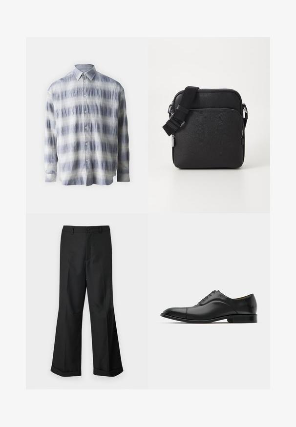 Chemise boutonnée en tissu texturé bleu et blanc avec un motif rayé, dotée de manches longues et d'un col classique.; Pantalons noirs à jambes larges avec taille boutonnée et ourlets retroussés, présentés sur un arrière-plan blanc uni.; Chaussure habillée en cuir noir avec une texture lisse, un bout arrondi et cinq œillets. Présente un petit talon empilé et des détails de couture subtils.; Sac bandoulière en cuir noir avec une surface texturée, doté d'une poche zippée à l'avant, d'une bandoulière ajustable et d'accents en métal.