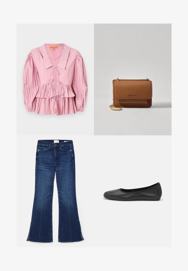 Stine Goya PLEATED BALLOON SLEEVE TIE - Blus - pink nectar; Mörkblå utsvängda jeans i denim. Har hög midja, framfickor och slitsdetaljer vid fållen. Klassisk femficksdesign.; Svart läderballerinaskor med rund tå, slät yta, minimala söm detaljer och en flexibel sula.; Brun texturerad läder crossbody-väska med guldkedja och klaffstängning. Framsidan har logotypdetalj och en ficka under klaffen.