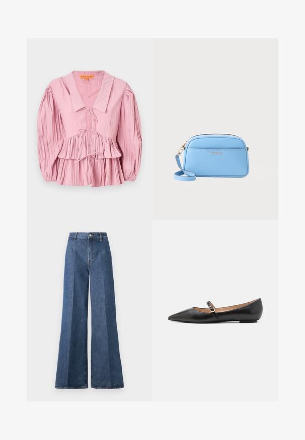 Stine Goya PLEATED BALLOON SLEEVE TIE - Bluse - pink nectar; Videleggete blå denim jeans med høy midje, med klassisk fem-lomme stil og knappelukking, laget av teksturert bomullsstoff.; Sorte læderballetsko med spids tå og en sidelås med en cirkulær guldfarvet detalje. Letvægtig med flad sål.; Lys blå skinn crossover-veske med gulltonet detaljer, glidelås lukking og en frontlomme. Har justerbar stropp for ekstra bekvemmelighet.