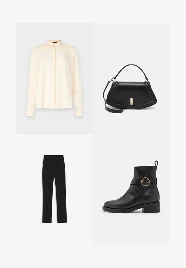 Cream long-sleeve shirt made of smooth fabric with a mandarin collar, featuring fine pleated detailing on the shoulders and a buttoned front.; Black tailored trousers with a straight-leg design, featuring front pockets and a smooth, textured fabric. Neat, minimal detailing.; BOSS IRYNA BOOTIE - Platform ankle boots - black; Black leather handbag with a structured design, featuring a cropped shape, top handle, and gold hardware accent. Adjustable shoulder strap included.