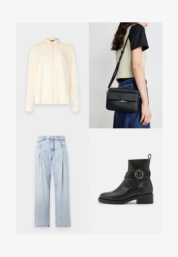 Cream long-sleeve shirt made of smooth fabric with a mandarin collar, featuring fine pleated detailing on the shoulders and a buttoned front.; Light blue denim jeans with a high waist, wide-leg cut, two side pockets, and pleated design feature. Soft texture with a faded finish.; BOSS IRYNA BOOTIE - Platform ankle boots - black; Calvin Klein LINEAR CAMERA BAG - Cross body bag - black