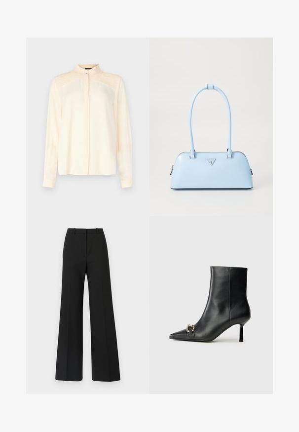 Cremfarbener Langarmshirt aus glattem Stoff mit einem Mandarin-Kragen, der feine Faltendetails an den Schultern und eine geknöpfte Vorderseite aufweist.; Schwarze weite Hosen mit maßgeschneidertem Design, das eine glatte Textur und subtile Falten an der Vorderseite aufweist. Keine sichtbaren Beschläge oder Muster.; Schwarze Leder-Stiefelette mit spitzer Zehe, schlankem, mittelhohem Absatz und silberner Schnalle seitlich vor einem schlichten Hintergrund.; Helle blaue Handtasche mit strukturierter Form, glattem Leder, zwei Griffen und einem dreieckigen Markenlogo auf der Vorderseite. Mit Reißverschluss.
