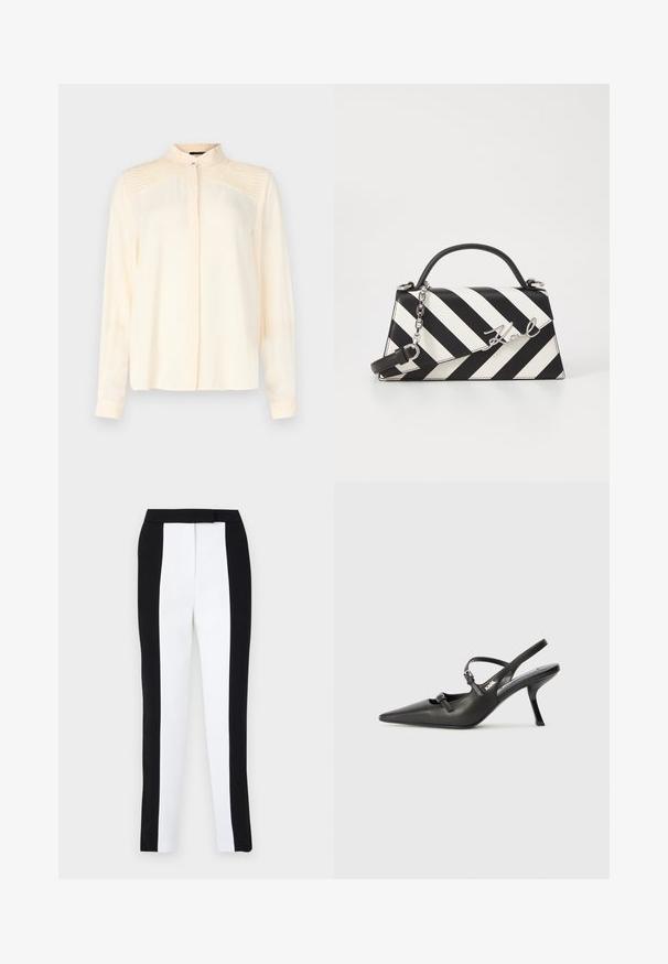 Camicia a maniche lunghe color crema realizzata in tessuto morbido, con colletto alla cinese, caratterizzata da delicate pieghe sulle spalle e chiusura frontale con bottoni.; Pantaloni tapered bianco e nero che presentano una vestibilità slim con pannelli a contrasto. Il tessuto ha una texture liscia; la vita è piatta e aderente.; Scarpe slingback nere in pelle con punta affilata, tacco sottile e dettaglio decorativo a fibbia sulla tomaia. Texture liscia e design elegante.; Borsa a righe bianche e nere con una forma strutturata, dotata di manico superiore, tracolla a catena staccabile e dettaglio logo metallico.