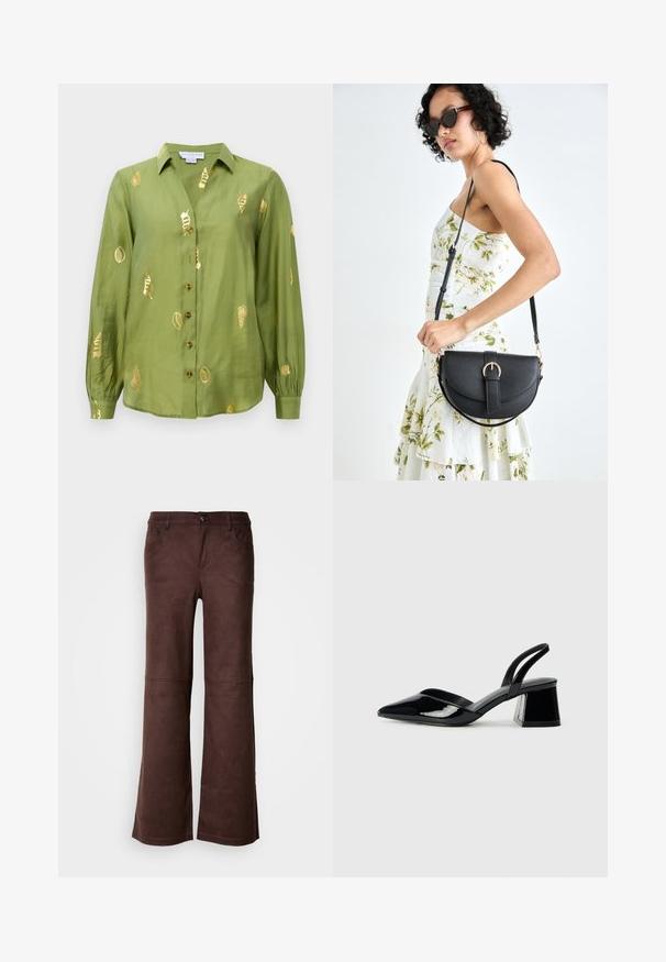 Licht olijfgroene blouse met lange mouwen, een kraag, knopen aan de voorkant en metalen gouden schelppatronen die over de stof verspreid zijn.; Bruine flared pants van een zachte, suede-achtige stof. Beschikt over vier zakken, een knoopsluiting en een gladde, gestructureerde oppervlakte.; Zwarte gepatineerde leren slingback hakken met een spitse neus en een geometrische blokhak. Kenmerkt zich door een slank, minimalistisch ontwerp en een gladde textuur.; Zwarte leren handtas met een gebogen vorm, afneembare schouderband en gouden hardware. De tas heeft een klep met een gespsluiting.