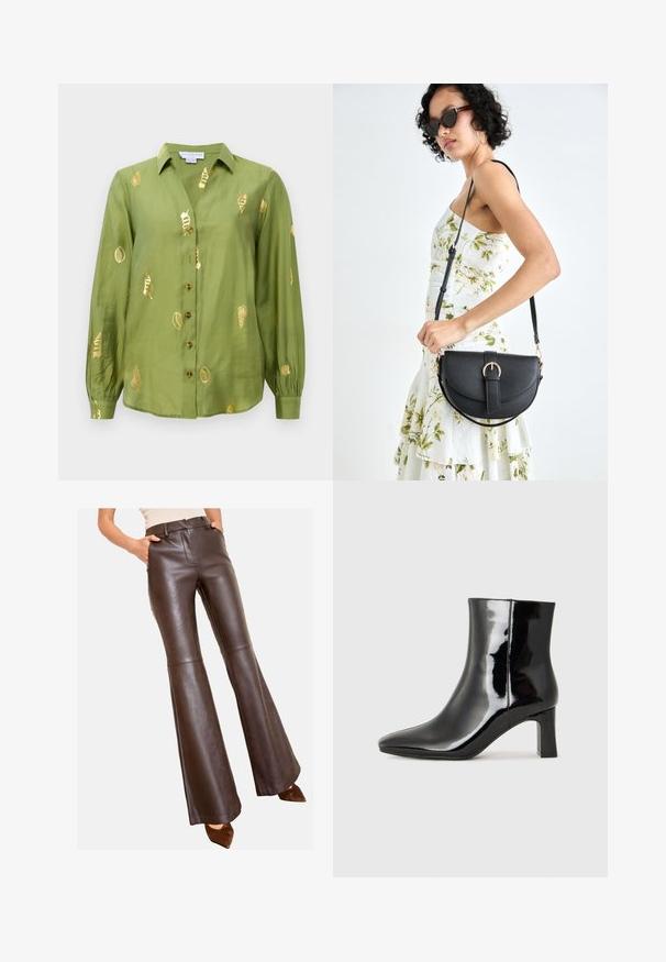 Blusa a maniche lunghe verde oliva chiaro con colletto, chiusura frontale con bottoni e motivi di conchiglie metalliche dorate sparsi sul tessuto.; Pantaloni a campana in pelle marrone con una texture liscia, vita aderente e tasche laterali, caratterizzati da un design sartoriale e aperture delle gambe larghe.; Stivaletto in pelle verniciata nera con punta a punta e tacco a blocco di altezza media. Texture liscia e design minimalista.; Borsa a tracolla nera in pelle con una forma curva, manico rimovibile e accessori dorati. La borsa presenta una patta con un dettaglio a fibbia.