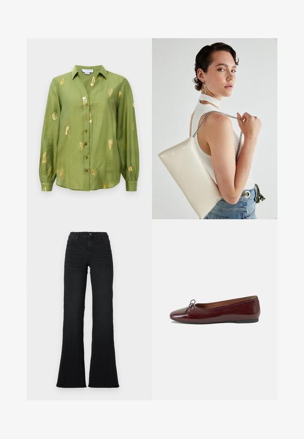 Ανοιχτό ελαιόχρωμο μπλουζάκι με μακριά μανίκια, γιακά, κουμπιά στο μπροστινό μέρος και μεταλλικά χρυσά σχέδια από κοχύλια διάσπαρτα πάνω στο ύφασμα.; Μαύρα ψηλόμεσα φαρδιά τζιν με μπροστινές τσέπες, θηλιές ζώνης και κλείσιμο με κουμπί σε λευκό φόντο.; Μπορντό παρθένα δερμάτινα μπαλαρίνες με στρογγυλή μύτη, μικρή διακόσμηση φιόγκου στο μπροστινό μέρος και χαμηλή, μαύρη καουτσούκ σόλα. Λείος υφής.; Λευκή ορθογώνια τσάντα συμπλέκτη, φτιαγμένη από γυαλιστερό υλικό, με ασημένια αλυσίδα. Το μοντέλο ποζάρει, επιδεικνύοντας την τσάντα σε απλό φόντο.