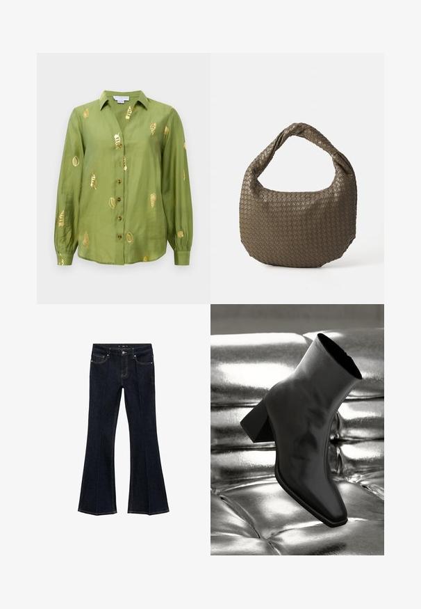 Licht olijfgroene blouse met lange mouwen, een kraag, knopen aan de voorkant en metalen gouden schelppatronen die over de stof verspreid zijn.; Donkerblauwe denim jeans met hoge taille, voorzakken en wijd uitlopende pijpen, plat weergegeven op een witte achtergrond.; Zwarte enkellaarsjes van glanzend materiaal met een vierkante neus en taps toelopende hak, afgezet tegen een glanzende zilveren gecapitonneerde achtergrond.; Geweven olijfgroene handtas met een ronde vorm en een gedraaide handgreep. De textuur heeft een diagonaal patroon. Ritssluiting.