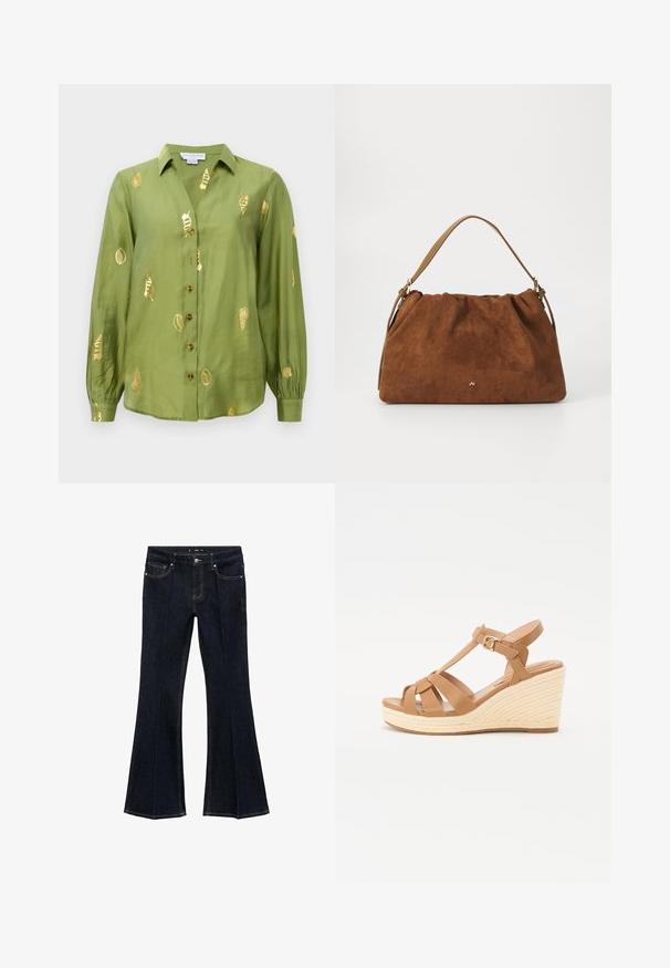 Licht olijfgroene blouse met lange mouwen, een kraag, knopen aan de voorkant en metalen gouden schelppatronen die over de stof verspreid zijn.; Donkerblauwe denim jeans met hoge taille, voorzakken en wijd uitlopende pijpen, plat weergegeven op een witte achtergrond.; Tan wedge sandalen met een kruisbandontwerp, verstelbare enkelgesp en een gestructureerde geweven espadrille-achtige wig.; Bruine suède handtas met een geplooid ontwerp, voorzien van een enkele tan kleur leren schouderband en een subtiele gouden logo-detail aan de voorkant.