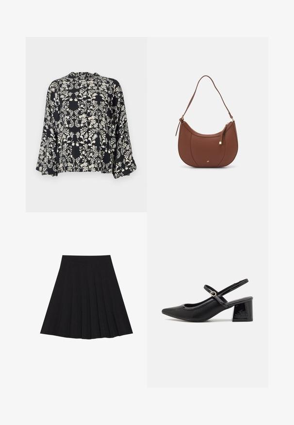 Juoda palaidinė su baltais gėlių raštais, su banguotu kaklu ir laisvais, platesniais rankovėmis. Tekstūruotas audinys su vertikaliomis linijomis.; Juoda plisėta sijonas, pagamintas iš tekstūruotos medžiagos su prigludusia juosmens juosta. Siekia kelių ilgį, turi sklandžią, švarią siluetą.; Juodi patentinio odos slingback aukštakulniai su smailiu pirštu, apvaliu išpjovimu ir blokiniu kulnu. Papuošti auksiniu juostos akcentu.; Ruda dirbtinės odos petinė piniginė su kreiva forma, minimalia siuvimo linija ir auksinės spalvos įranga. Yra užtrauktuko uždarymas viršuje ir reguliuojama petneša.