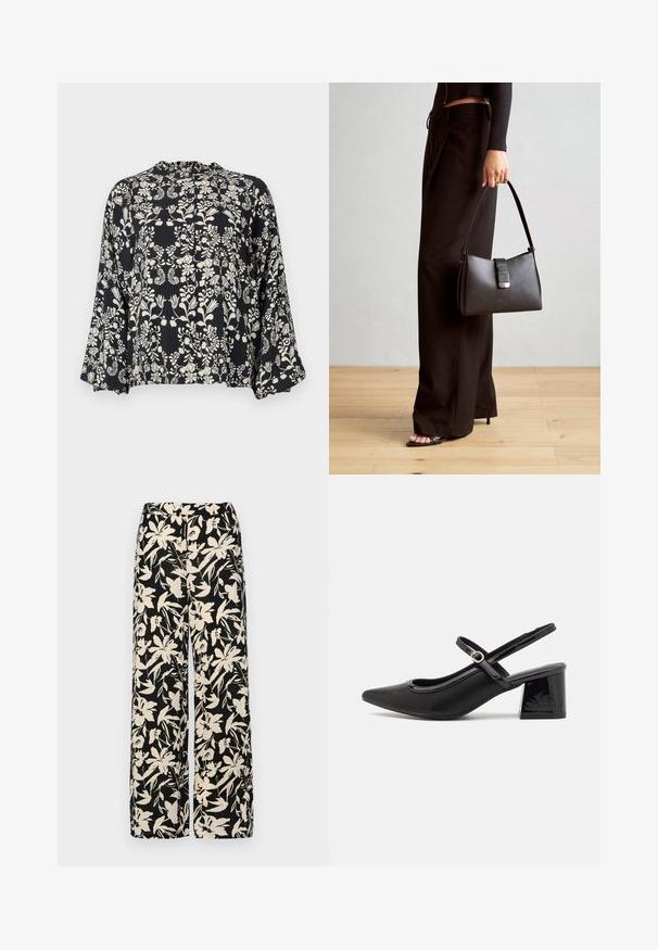 Black blouse with a floral white print, featuring a ruffled neckline and loose, flared sleeves. Textured fabric with vertical lines.; Black wide-leg pants with a cream floral pattern. Made of lightweight fabric, featuring a smooth texture and a high waistband.; Black patent leather slingback heels with a pointed toe, a rounded cutout design, and a block heel. Features a gold-tone buckle accent.; Black handbag with structured shape, smooth texture, and a metallic clasp. Paired with wide black pants and open-toe sandals on wooden floor.