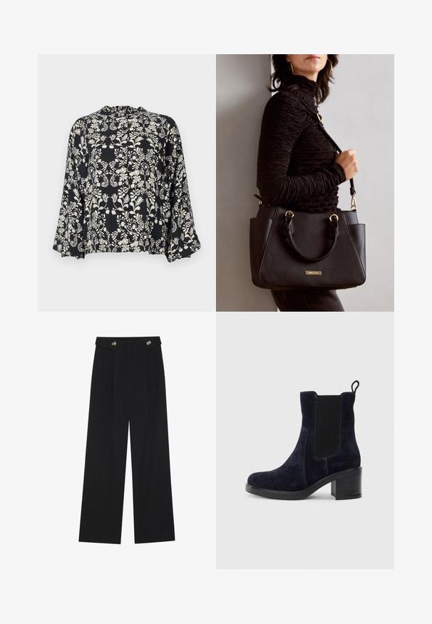 Svart bluse med et hvitt blomstermønster, med rynket halslinning og løse, vide ermer. Strukturert stoff med vertikale linjer.; Svart vide bukser med høy midje, knappdetaljer på midjebåndet og frontplisser.; Mørkeblå skinn ankelsko med elastisk sidepanel, avrundet tå og blokkhelt. Tekstilt stoff og glatt såle gir kontrast.; Svart håndveske med teksturert overflate, doble topphåndtak og justerbar skulderrem. Har detaljer i gulltone og sidelommer.