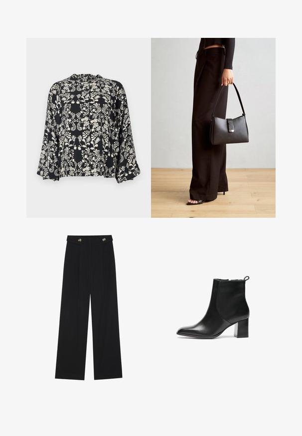 Black blouse with a floral white print, featuring a ruffled neckline and loose, flared sleeves. Textured fabric with vertical lines.; Black wide-leg trousers with high waist, button details on waistband, and front pleats.; Black leather ankle boot with a rounded toe, a mid-height block heel, and a pull tab at the back. Smooth texture, minimal design.; Black handbag with structured shape, smooth texture, and a metallic clasp. Paired with wide black pants and open-toe sandals on wooden floor.