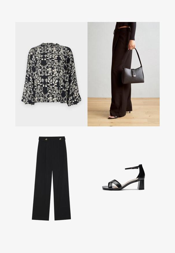 Blusa preta com um padrão floral branco, apresentando um decote com babados e mangas largas e esvoaçantes. Tecido texturizado com riscas verticais.; Calças largas pretas com cintura alta, detalhes em botão na cintura e pregas frontais.; Sandália de salto alto preta, com ponta aberta, tiras cruzadas, tira de tornozelo ajustável e um salto robusto, apresentando uma textura de pele lisa.; Bolsa preta com forma estruturada, textura suave e um fecho metálico. Combinada com calças largas pretas e sandálias de salto aberto sobre um chão de madeira.