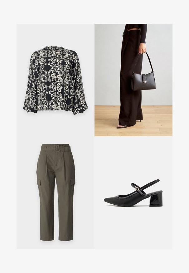 Must särkjakk, millel on lilleline valge print, koos volangiga kaelusega ja laia, leebelt laiendatud varrukatega. Tekstuuriga kangas, millel on püstised jooned.; Õlipüüdid oliivrohelises värvuses, valmistatud kergest kangast. Omadusteks on vööga talje, esiservade voltimine ja küljetaskud klapiga.; Mustad läikivad nahast slingback-kõrged kontsad, millel on terav nina, ümar lõikekujundus ja blokknina. Omab kuldset nupu aktsenti.; Must musta kott, millel on struktureeritud kuju, sile tekstuur ja metallist klamber. Kombineeritud laiate mustade pükstega ja avatud varvaste sandaalidega puidust põrandal.