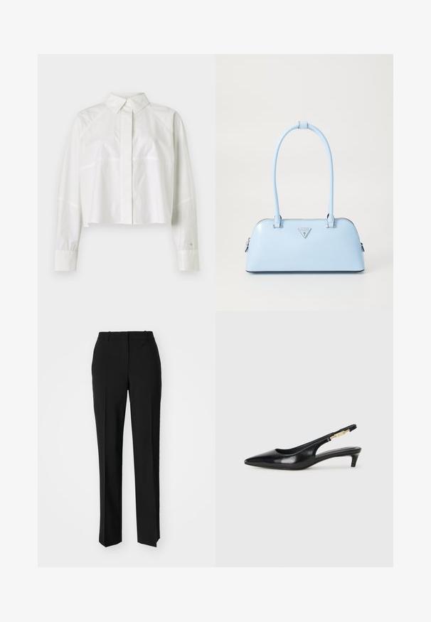 Hvit kortermet skjorte laget av bomull. Har en klassisk krage, lange ermer med knappedetaljer, og subtile sømdetaljer.; Sorte skreddersydde bukser med rett silhuett, med en glatt tekstur og klare pressede bretter foran. Ingen synlig maskinvare.; Sorte lærreim hæler med spiss tå, som har en slank hæl og en gullfarget detalj på den justerbare stroppen. Glatt tekstur.; Lyseblå veske med strukturert form, glatt skinnmateriale, to håndtak og en trekantet merkevarelogo på fronten. Glidelås-lukking.