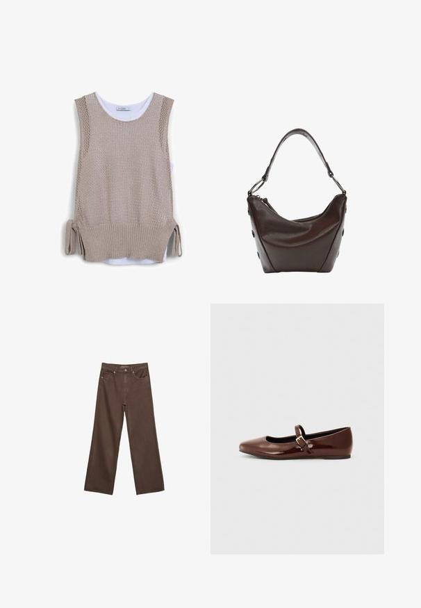 Top smanicato beige lavorato a maglia con design a rete aperta e strato bianco sottostante. Presenta un orlo a coste e lacci laterali per una vestibilità regolabile.; Jeans a gamba larga marroni in denim, con vita alta, tasche anteriori e chiusura a bottone classica. Tessuto liscio con cuciture sottili.; Ballerine in pelle verniciata marrone con punta quadrata e cinturino dotato di una piccola fibbia dorata. Texture liscia, tacco basso e design minimalista.; Borsa in pelle marrone scuro con forma curvata, chiusura con zip e manico corto. Caratterizzata da hardware in metallo e bottoni neri decorativi sul lato.
