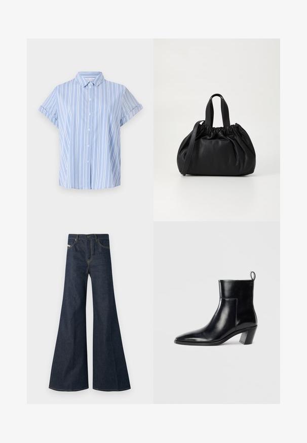 Svetlo modra kratka srajca s kraticami s sproščenim ovratnikom in zavihanimi manšetami, z navpičnimi belimi črtami. Gladka tekstura materiala.; Temno modri široki jeans iz denima, z visokim pasom, z zlatimi niti in dvema sprednjima žepoma z gumbom.; Črne usnjene gležnjarje s koničastim prstom, geometrijsko oblikovanim zloženim peto in zanko na hrbtni strani. Gladka tekstura in eleganten dizajn.; Črna usnjena torbica z zloženim zgornjim dizajnom, opremljena z dvema kratkima ročkama in dolgo nastavljivo naramnico. Gladka tekstura, okrogla oblika.