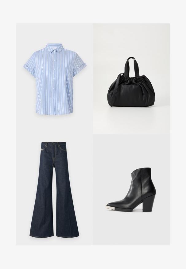 Light blue short-sleeved button-up shirt with vertical white stripes, a collared neckline, and rolled cuffs. Smooth fabric texture.; Dark blue flared jeans made of denim, featuring a high waist, gold stitching accents, and two front pockets with a button closure.; Black leather ankle boot with a pointed toe, high block heel, and silver toe cap detail. Smooth texture and simple design.; Black leather handbag with a gathered top design, featuring two short handles and a long adjustable strap. Smooth texture, rounded shape.