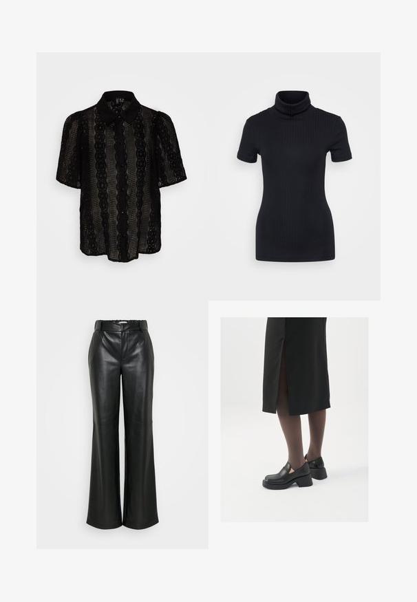 Juodas nėrinių palaidinė su apykakle, trumpomis pūsto stiliaus rankovėmis, vertikaliomis juostelėmis ir mygtukų uždarymu priekyje.; Juodas raštuotas turtlenekas, trumpomis rankovėmis, prigludusi konstrukcija, minkšta tekstūra, minimalus siūlių skaičius ir aukšta apykaklė.; ONLY Tall ONLSMOOTH WIDE - Kelnės - black; Juodos odinės bateliai su apvaliu nosiu, stora blokine pakulne ir elastingais šonais, derinami su tamsiomis pėdkelnėmis ir juoda sijonu su plyšiu.